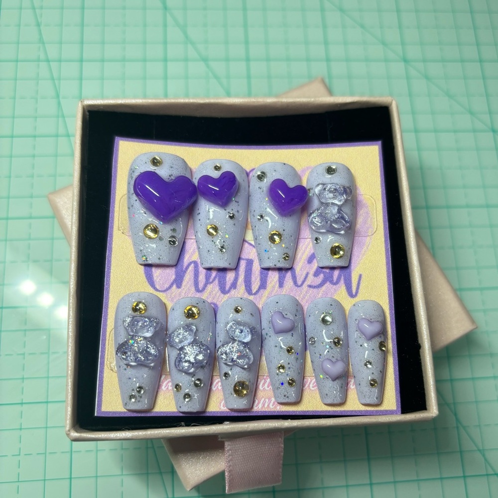 🧸💜💅 Cute Bear and Heart Press On Nails | 20pcs set medium coffin nails